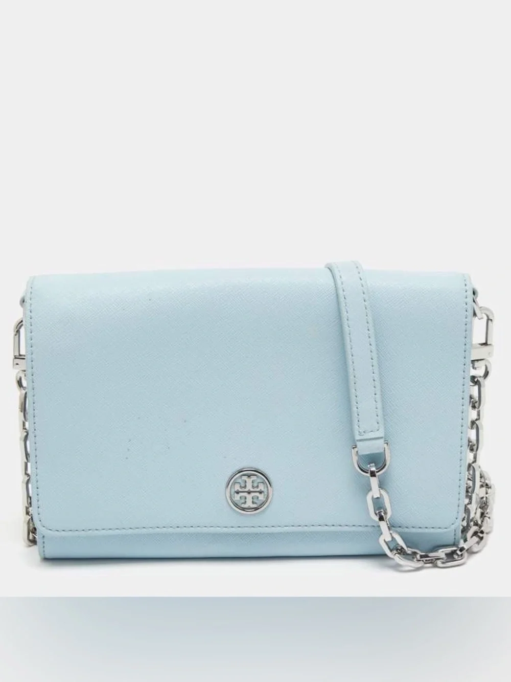 Tory Burch Light Blue Robinson Clutch with Chain Strap